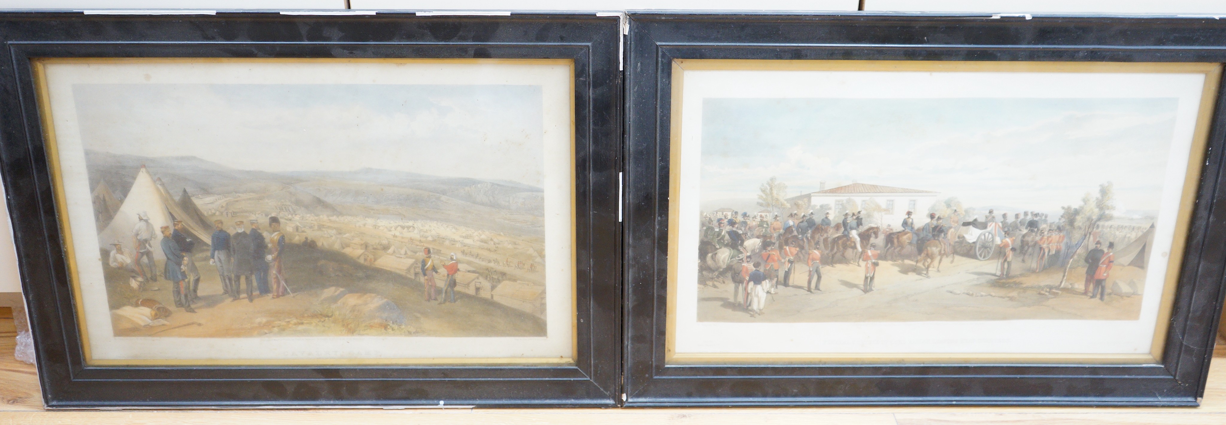 Bryson after Simpson, two coloured lithographs, Scenes from the Crimea, 'Cavalry Camp' and 'Funeral Cortege of Lord Raglan leaving headquarters', 1855, 33 x 52cm